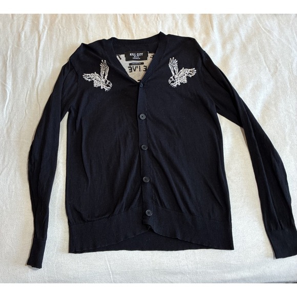 Kill City Sweaters - Kill City Women's Cardigan Small Black V-neck Button-up Dark Academia Graphic Lg